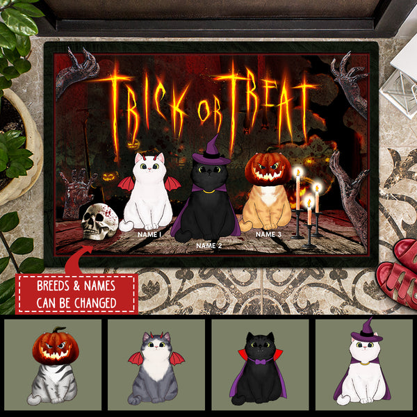 Trick Or Treat - Pumpkin Carving, Witch & Dracula Cloak, Devil Wings - Personalized Cat Halloween Doormat
