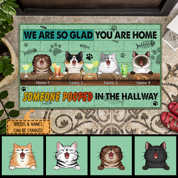 We Are So Glad You Are Home, Someone Pooded In The Hallway, Mint Green Background, Personalized Cat Lovers Doormat