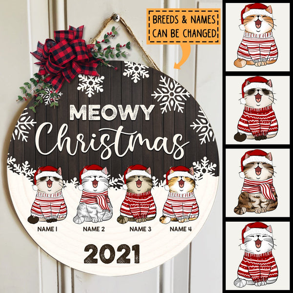 Meowy Christmas - Gray Wooden White Snowflake - Personalized Cat Christmas Door Sign