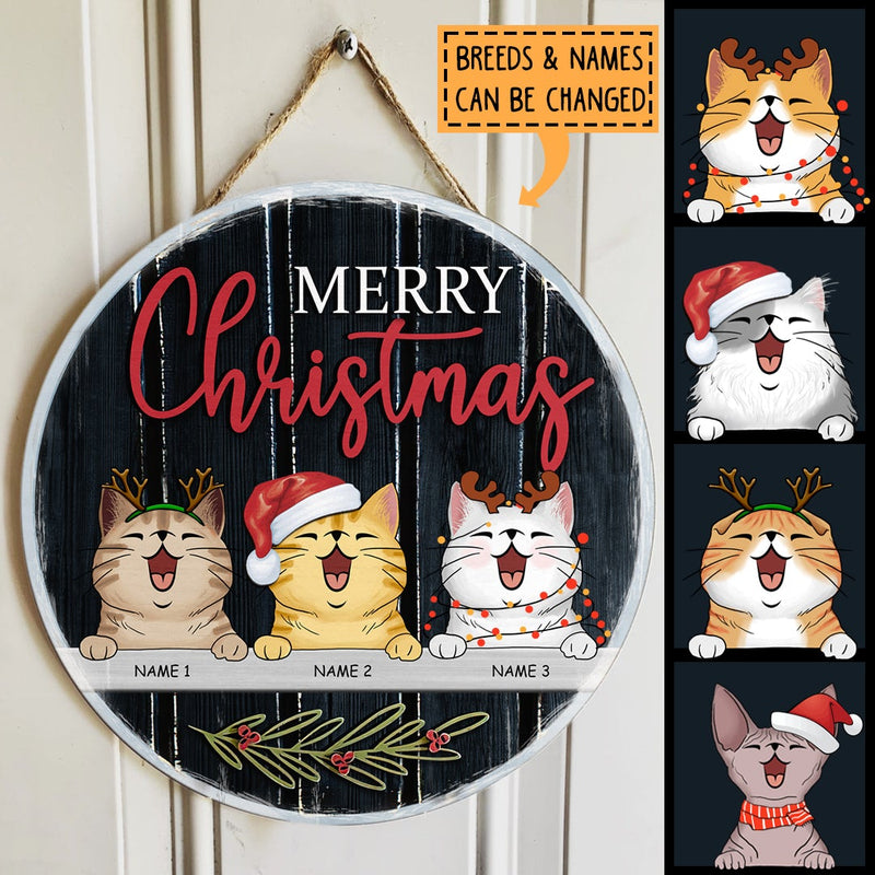 Merry Christmas - Black Wooden - Personalized Cat Christmas Door Sign