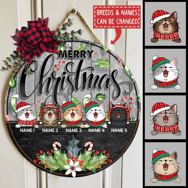 Merry Christmas - Black & Grey Wooden - Personalized Cat Christmas Door Sign