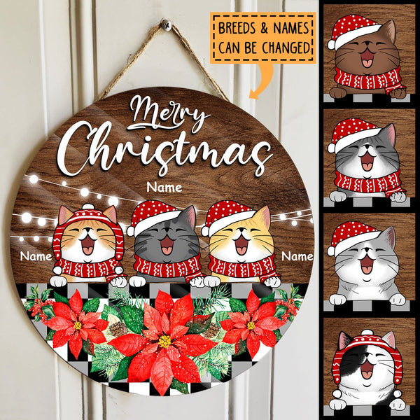 Merry Christmas - Dark Wooden - Poinsettia - Personalized Cat Christmas Door Sign