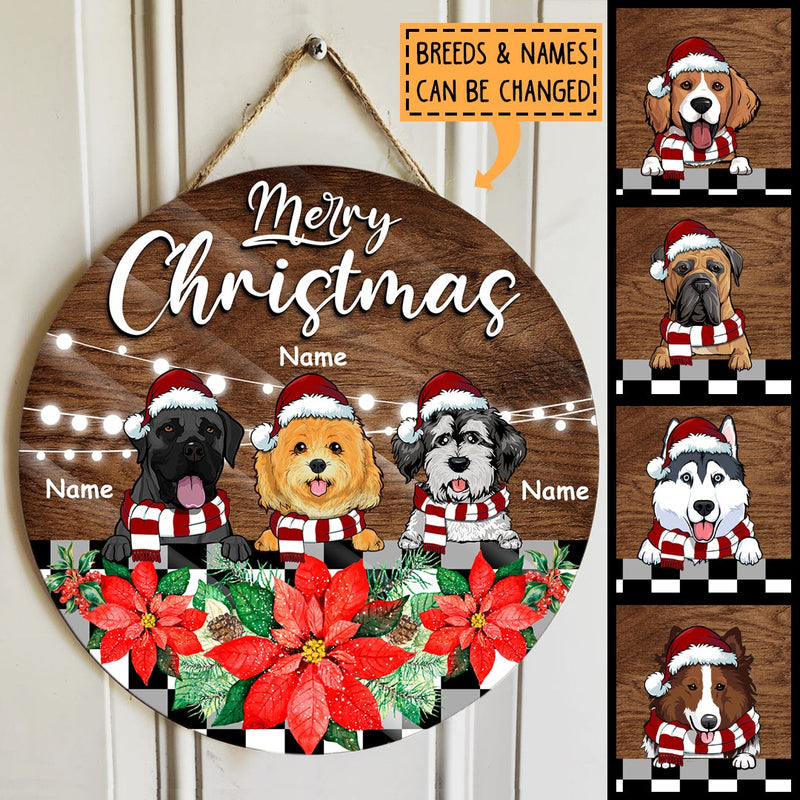 Merry Christmas - Dark Wooden - Poinsettia - Personalized Dog Christmas Door Sign