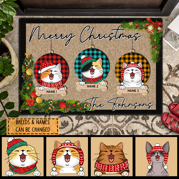 Merry Christmas - Plaid Ball Ornaments - Personalized Cat Christmas Doormat