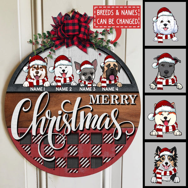 Merry Christmas - Red Plaid Wooden - Personalized Dog Christmas Door Sign