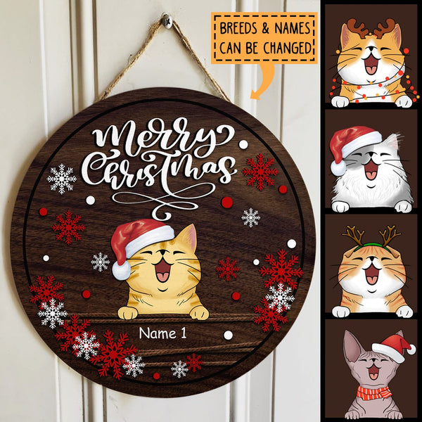 Merry Christmas - White And Red Snowflake - Wooden - Personalized Cat Christmas Door Sign