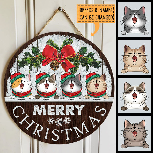 Merry Christmas - White Wood Wall - Personalized Cat Christmas Door Sign