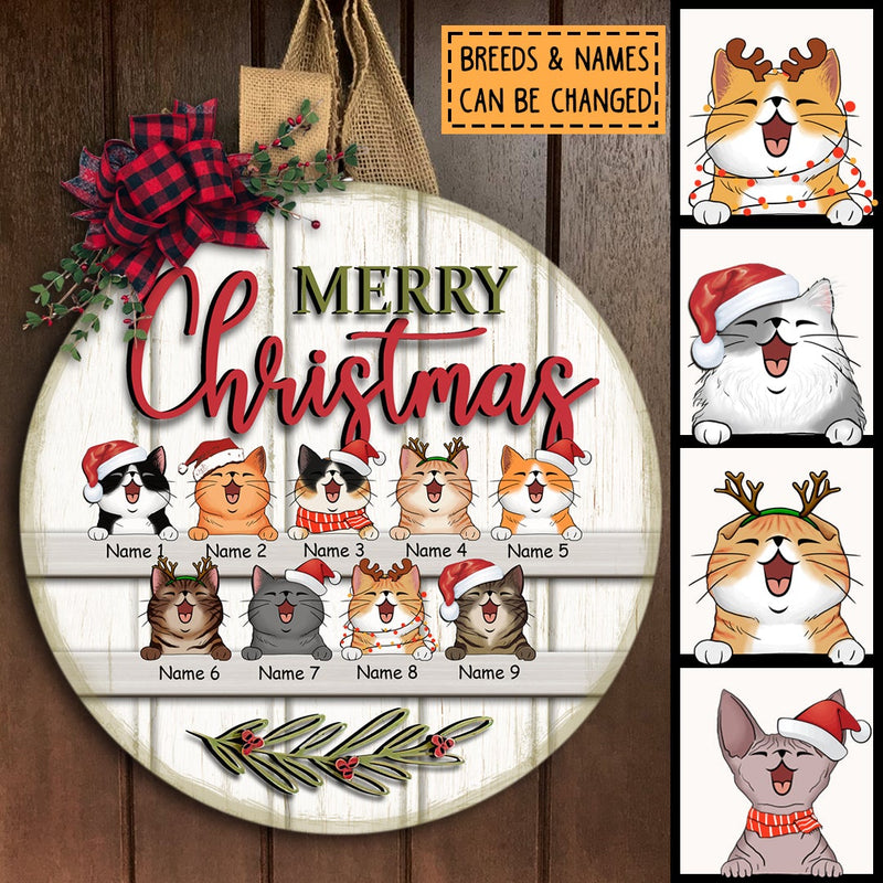 Merry Christmas - White Wooden - Personalized Cat Christmas Door Sign