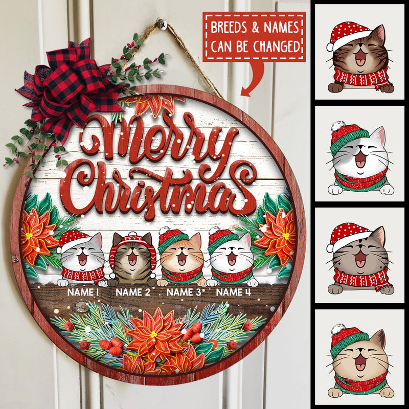 Merry Christmas - White Wooden Background - Red Old Wood Around - Personalized Cat Christmas Door Sign