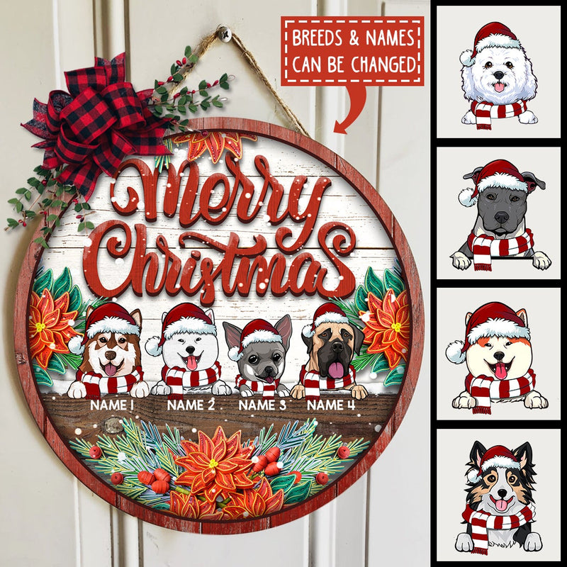 Merry Christmas - White Wooden Background - Red Old Wood Around - Personalized Dog Christmas Door Sign