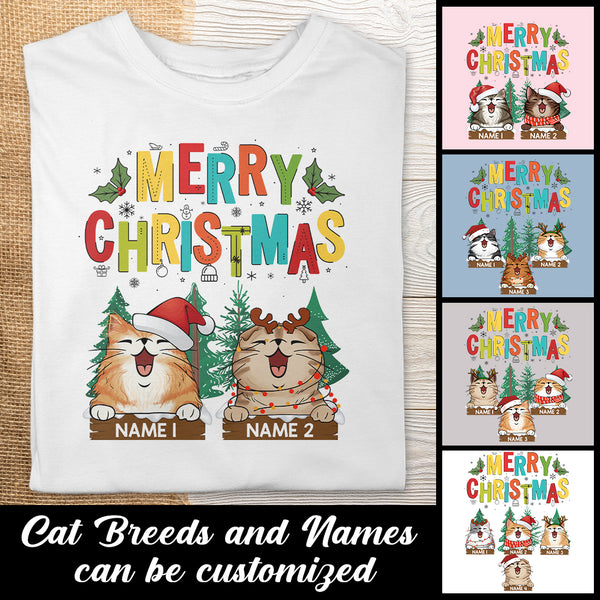 Merry Christmas, Xmas Cat With Pine Trees Background, Personalized Cat Christmas T-shirt
