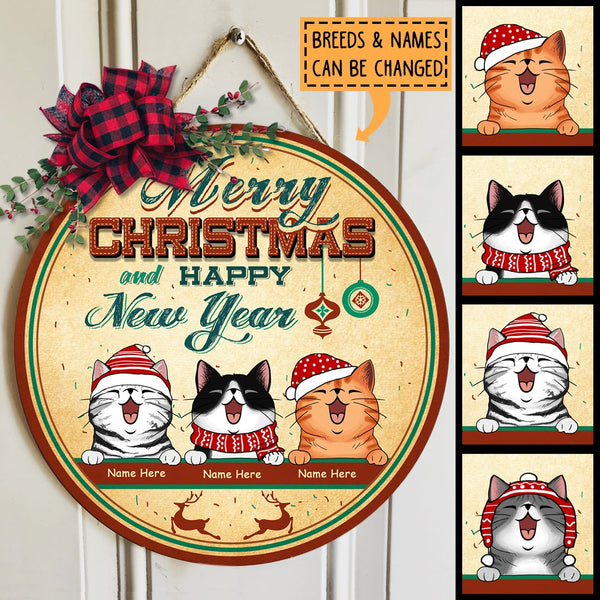 Merry Christmas And Happy New Year - Vintage Style - Personalized Cat Christmas Door Sign