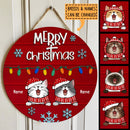 Merry Christmas - String Lights Red Wooden - Personalized Cat Christmas Door Sign