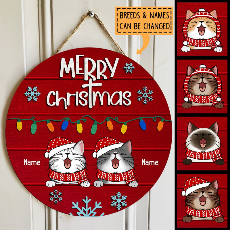Merry Christmas - String Lights Red Wooden - Personalized Cat Christmas Door Sign