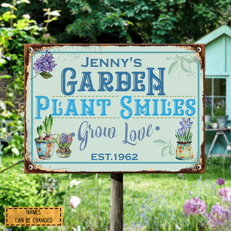 Metal Garden Sign, Plant Smiles Grow Love Vintage Sign, Personalized Housewarming Gifts