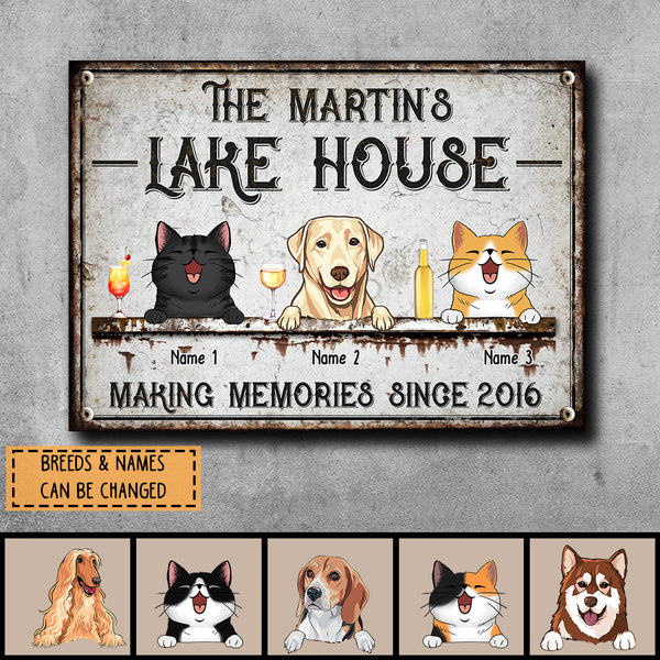 lake house decor Metal Lake House Sign, Gifts For Pet Lovers, Making Memories With Dog & Cat Vintage Signs