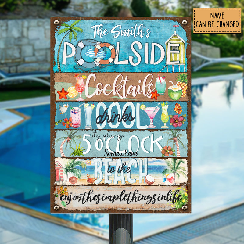 Metal Poolside Sign, Gifts For Family, Cocktails Cool Drinks It's Always 5 O'clock Hawaiian Styles Signs