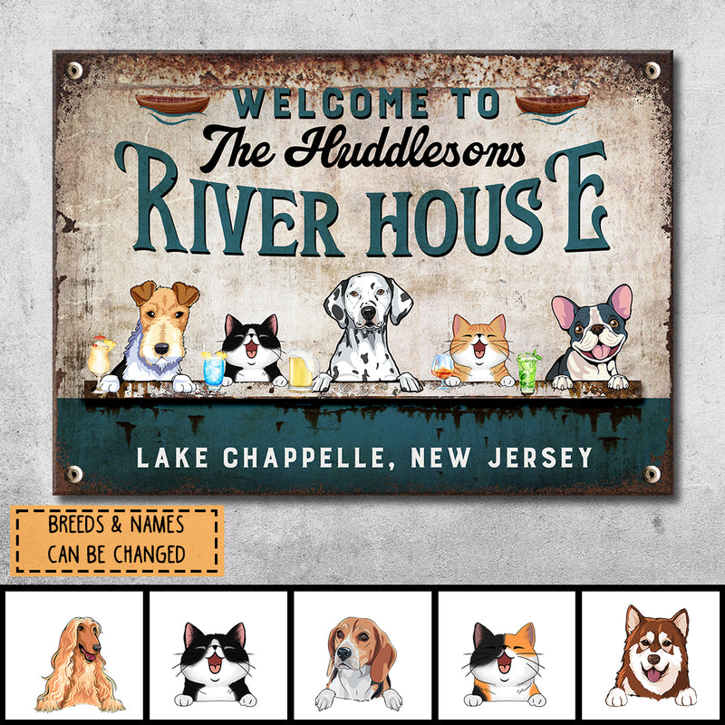 Metal Welcome Signs, Gifts For Pet Lovers, Welcome To Our River House Personalized Home Sign