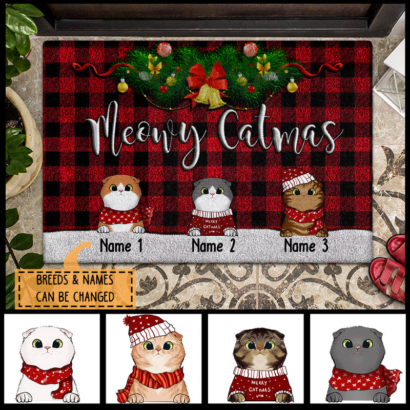 Merry Catmas, Dark Red & Black Plaid With Snow, Personalized Cat Lovers Christmas Doormat