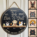 Backyard Bar & Grill, Good Food, Good Friends, Good Times, Custom Background Color, Personalized Dog & Cat Breeds Door Sign