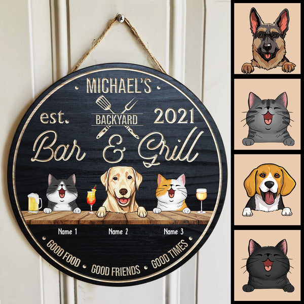 Backyard Bar & Grill, Good Food, Good Friends, Good Times, Custom Background Color, Personalized Dog & Cat Breeds Door Sign