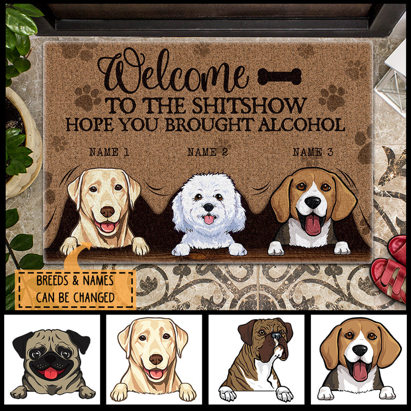 Welcome To The Shitshow Hope You Brought Alcohol, Dog Peeking From Curtain, Personalized Dog Breeds Doormat