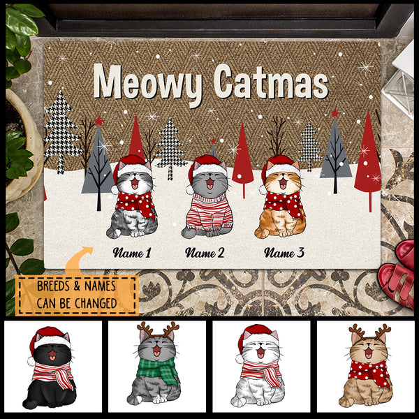 Meowy Catmas, Argyle Pattern Coir Yarn, Personalized Cat Christmas Doormat