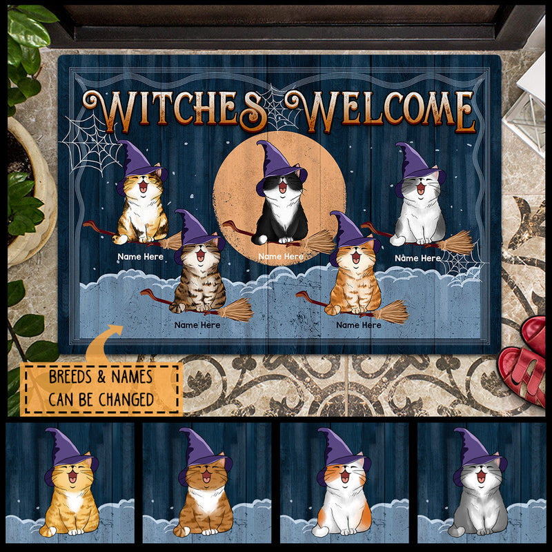 Witches Welcome - Witch Cats On Broom And Full Moon - Personalized Cat Halloween Doormat