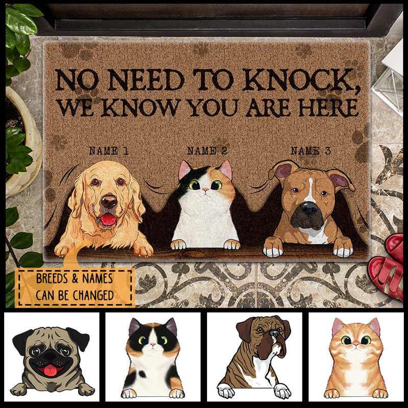 No Need To Knock We Know You Are Here, Peeking From Curtain, Personalized Dog & Cat Doormat
