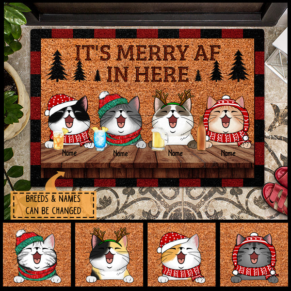 It's Merry Af In Here, Pine Tree, Personalized Christmas Cat Breeds Doormat, Christmas House Decor