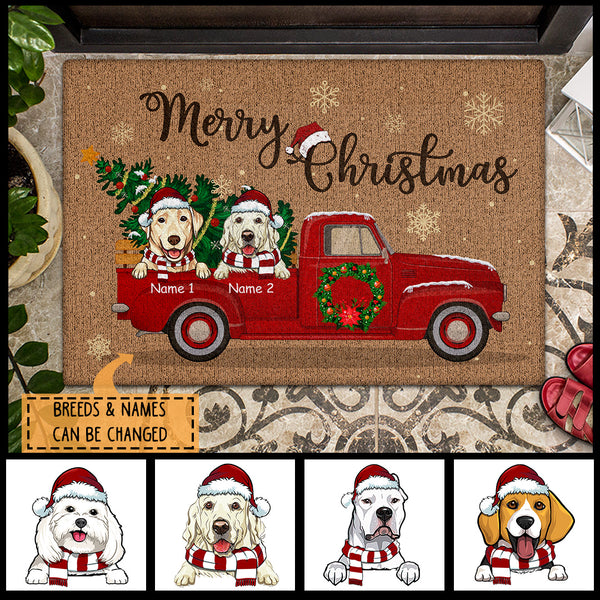 Merry Christmas, Red Truck & Christmas Tree, Personalized Dog Breeds Doormat, Dog Lovers Gifts