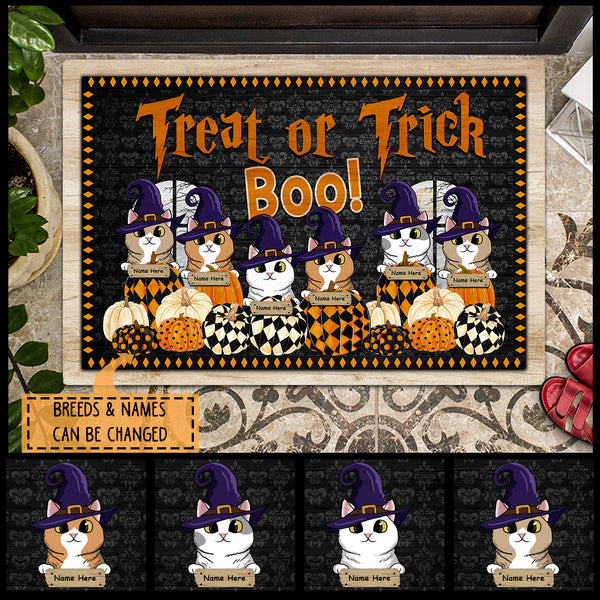 Treat Or Trick - Boo! - Witch Cats On Pattern Pumpkins - Personalized Cat Halloween Door Sign