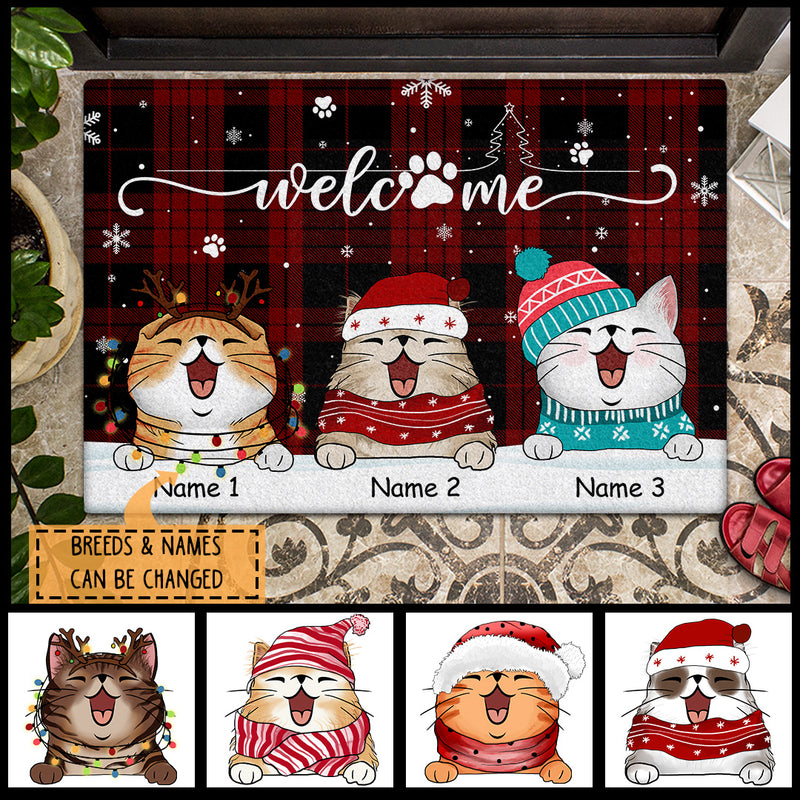 Welcome Christmas Cat Plaid, Christmas Gifts For Cat Lovers, Personalized Cat Breeds Doormat