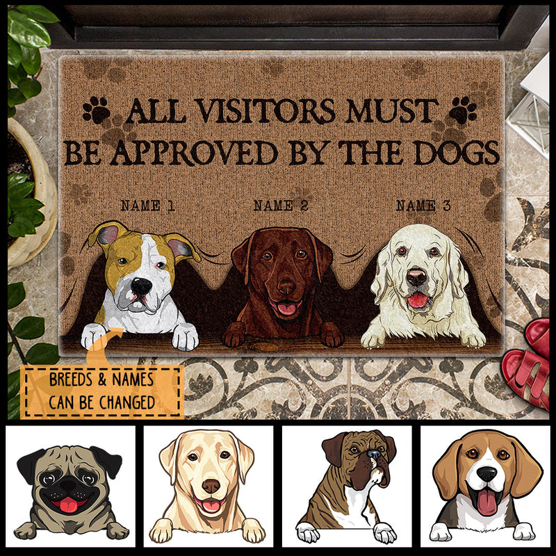All Visitors Must Be Approved By The Dogs, Peeking From Curtain, Personalized Dog Breeds Doormat