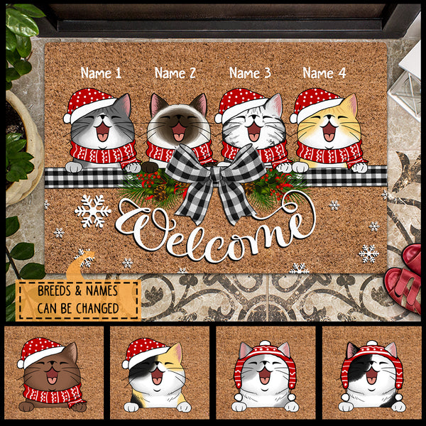 Welcome - Black & White Plaid Bow - Personalized Cat Christmas Doormat