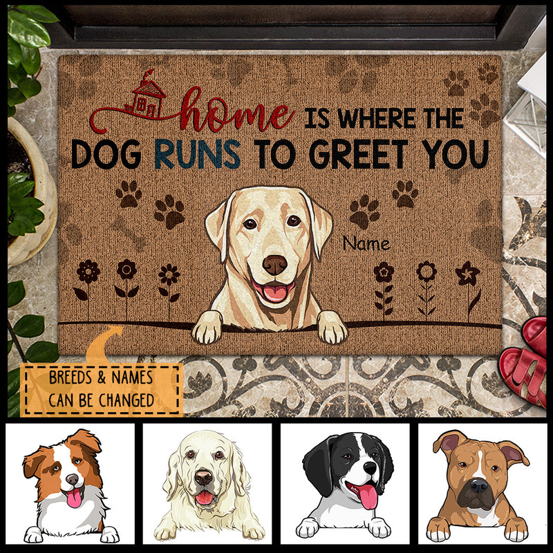 Home Is Where The Dogs Run To Greet You, Pawprints And Flowers, Personalized Dog Breeds Doormat