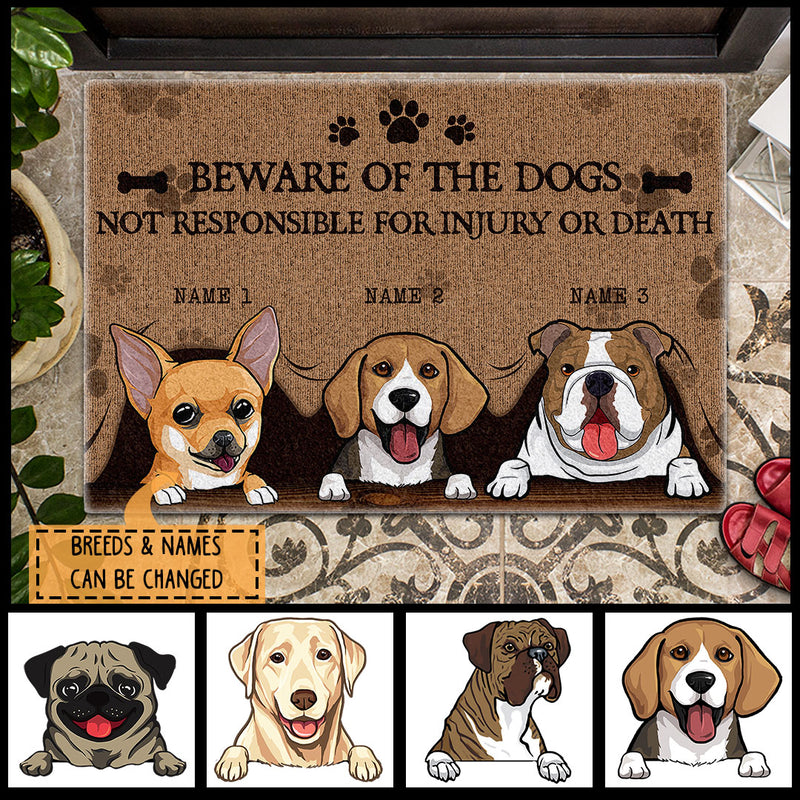 Beware Of The Dogs Not Responsible For Injury Or Death, Peeking From Curtain, Personalized Dog Breeds Doormat