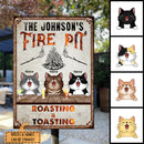 Family Fire Pit Roasting & Toasting, Cat & Beverage, Personalized Cat Lovers Metal Sign