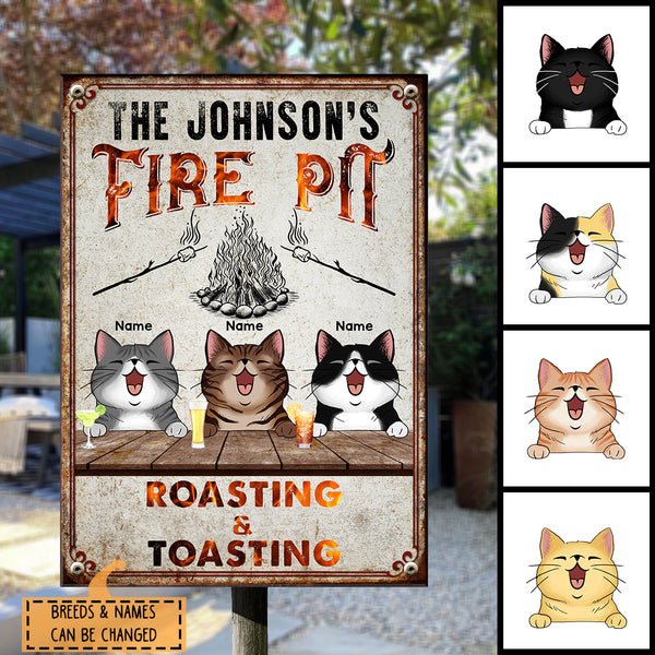 Family Fire Pit Roasting & Toasting, Cat & Beverage, Personalized Cat Lovers Metal Sign