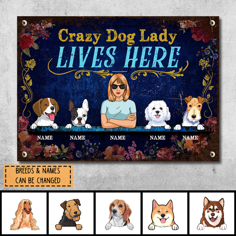 Funny Warning Signs, Gifts For Dog Lovers, Crazy Dog Lady Lives Here, Welcome Metal Signs, Dog Mom With Her Dogs