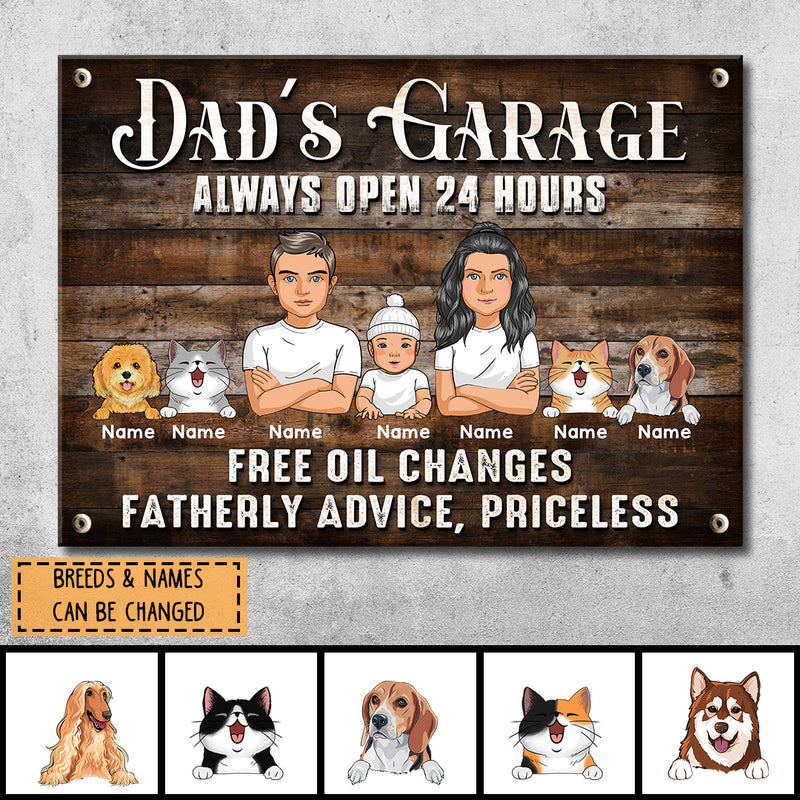 Welcome Metal Garage Sign, Gifts For Pet Lovers, Dad's Garage Always Open 24 Hours Free Oil Changes Wooden Style