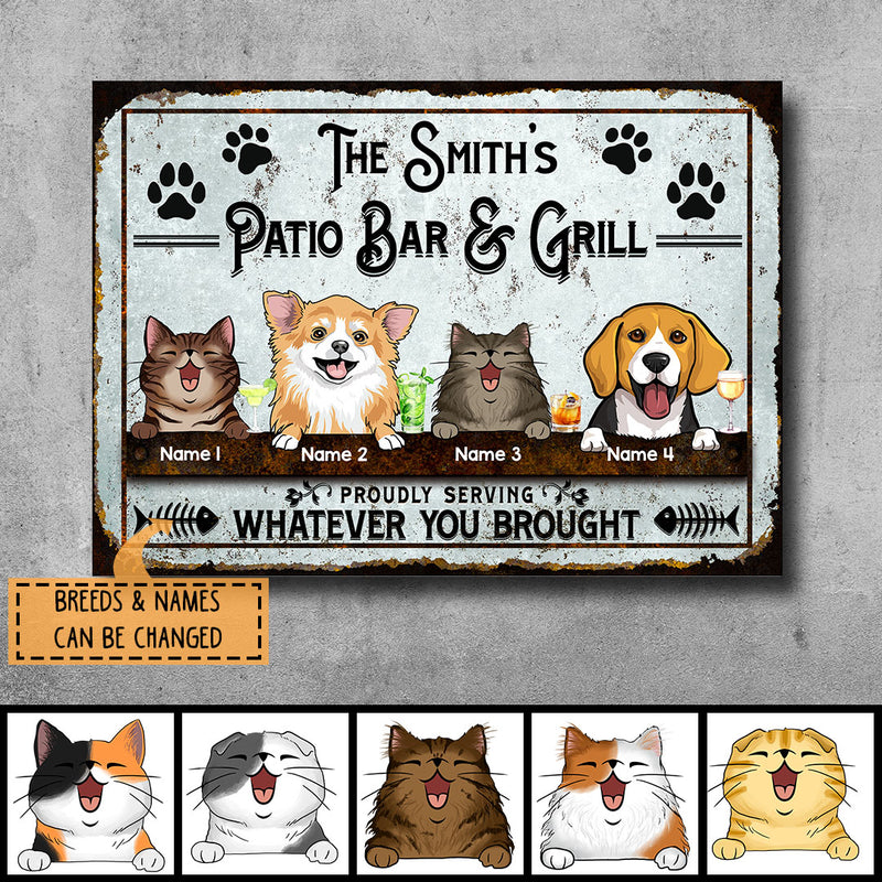 Patio Bar & Grill, Proudly Serving Whatever You Brought, Dog & Beverage Sign, Personalized Dog Breeds Metal Sign