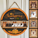 Happy Thanksgiving - Laughing Cats On Orange Plaid Table - Personalized Cat Door Sign