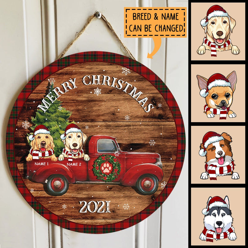 Christmas Dogs On Truck, Vintage Wooden, Personalized Dog Door Sign