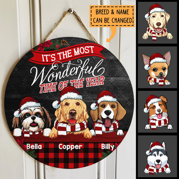 It's The Most Wonderful Time Of The Year - Black Wooden - Red Plaid - Personalized Dog Christmas Door Sign