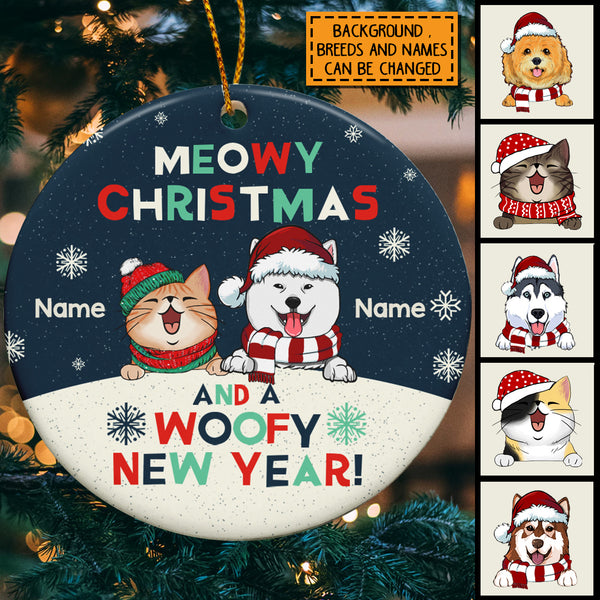 Meowy Christmas And A Woofy New Year, Snow Circle Ceramic Ornament, personalized Cat & Dog Ornament