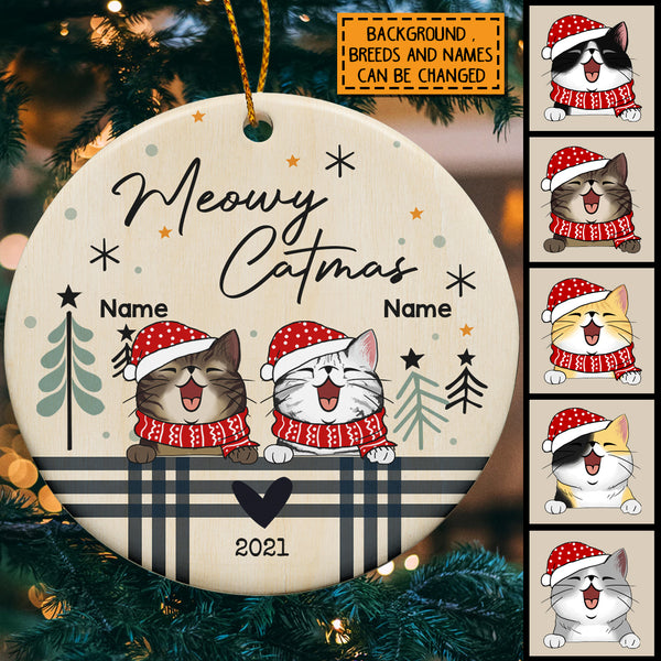 Meowy Catmas, Plaid Bauble, Circle Ceramic Ornament, Personalized Cat Breeds Ornament, Xmas Gifts For Cat Lovers