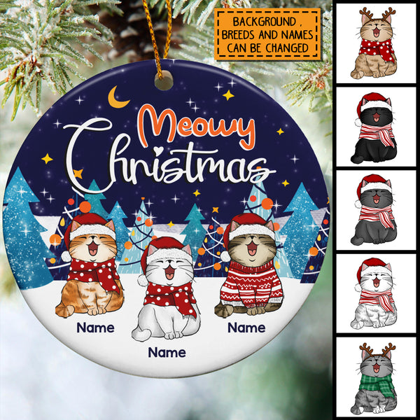 Meowy Christmas, Winter Night Forest, Personalized Cat Breeds Circle Ceramic Ornament, Xmas Gifts For Cat Lovers