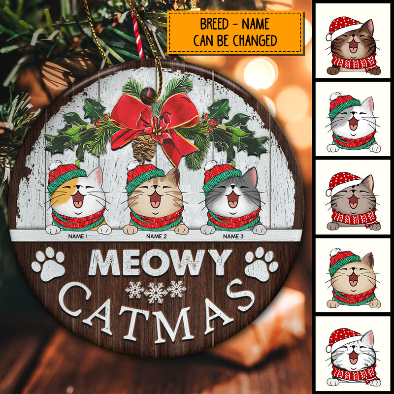 Meowy Catmas, Floral Circle Ceramic Ornament, Personalized Cat Breeds Ornament, Xmas Gifts For Cat Lovers