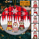 Personalised Red Plaid Xmas Circle Ceramic Ornament, Personalized Cat Lovers Decorative Christmas Ornament